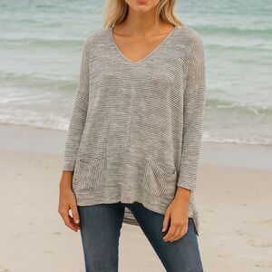 Sperry Nautical Vneck 3/4 Dolman L Striped Pocket Tee Shirt Blue White Fisherman